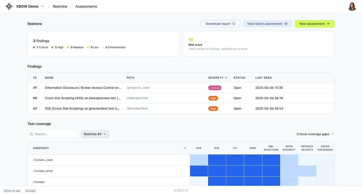 XBOW assessment dashboard showing 3 findings including 1 critical and 2 high severity vulnerabilities with test coverage matrix