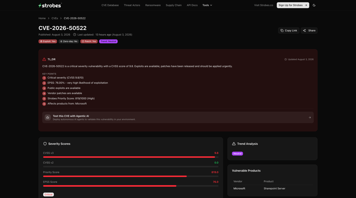 CVE-2026-50522 on Strobes Vulnerability Intelligence showing CVSS 9.8, exploit available, patch available, unauthenticated SharePoint RCE