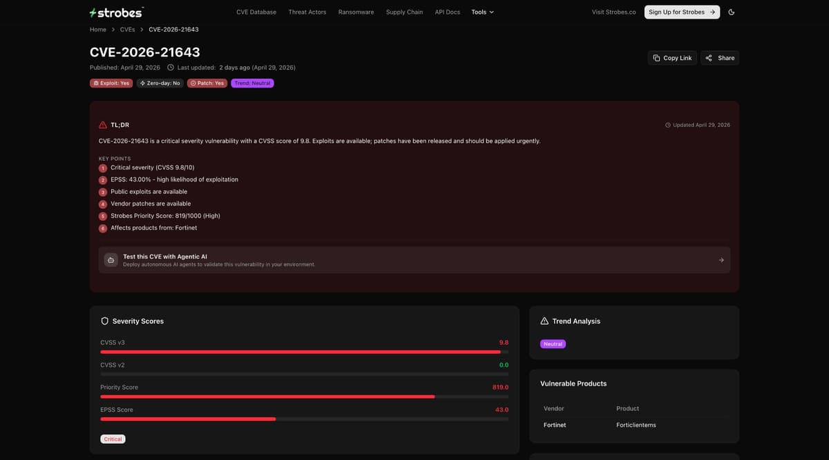 CVE-2026-21643 Fortinet FortiClient EMS SQL injection vulnerability on Strobes platform showing CVSS 9.8, Priority Score 819, EPSS 43%