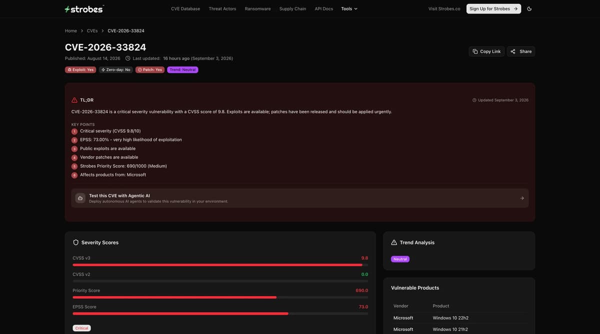 CVE-2026-33824 on Strobes Vulnerability Intelligence showing CVSS 9.8 critical, EPSS 73 percent, exploit available and patch available