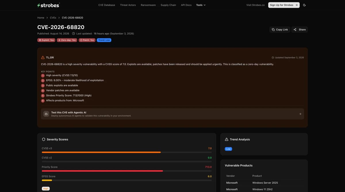 CVE-2026-68820 on Strobes Vulnerability Intelligence showing CVSS 7.0, zero-day yes, exploit available, patch available and a Strobes priority score of 713