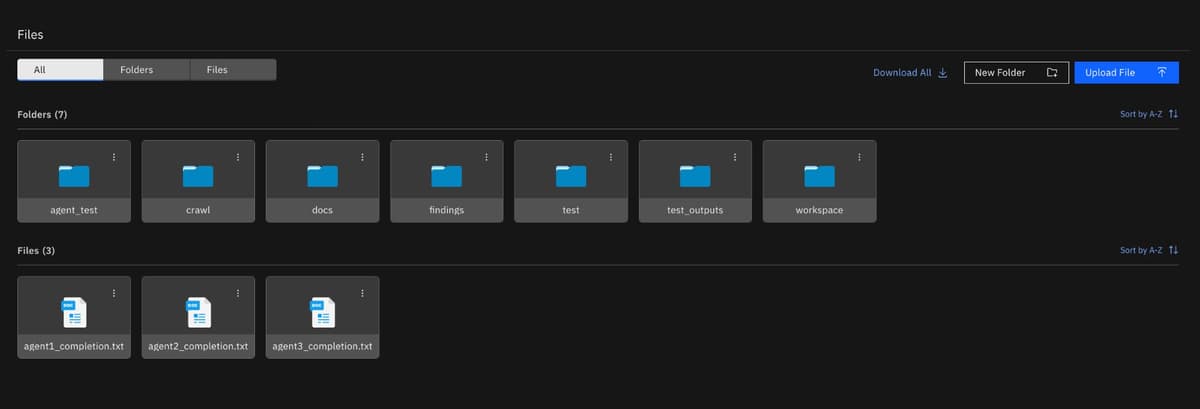 Workspace file browser showing folders for crawl data, docs, findings, and agent completion files