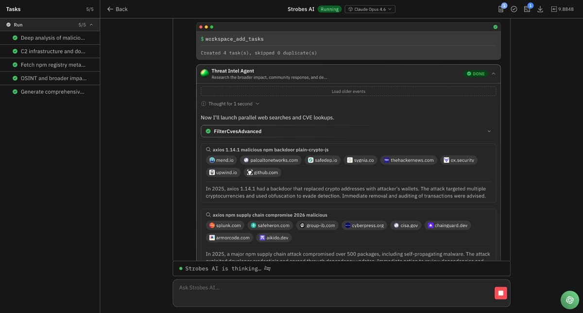 Strobes AI Threat Intel Agent performing CVE lookups and web searches during axios incident response