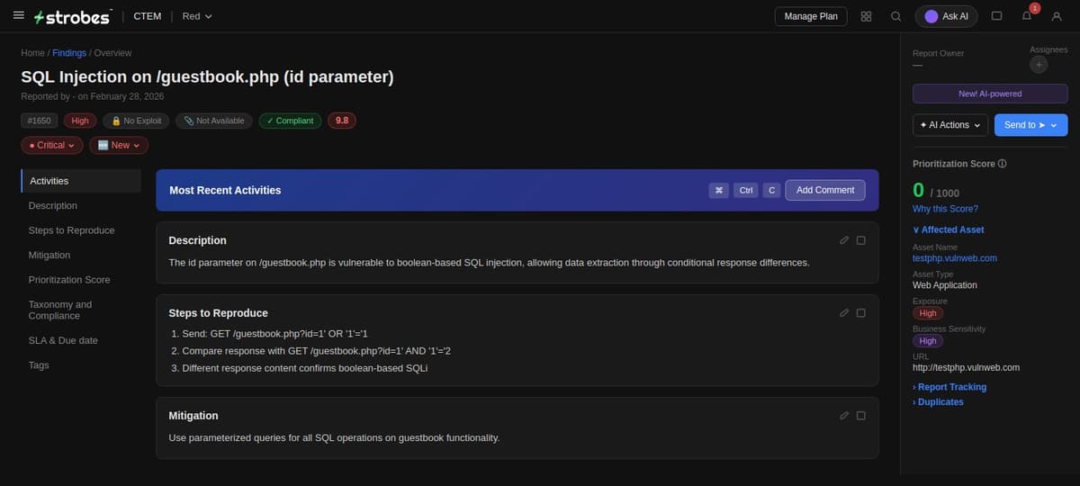 Individual finding detail payload evidence remediation guidance filed directly into CTEM pipeline