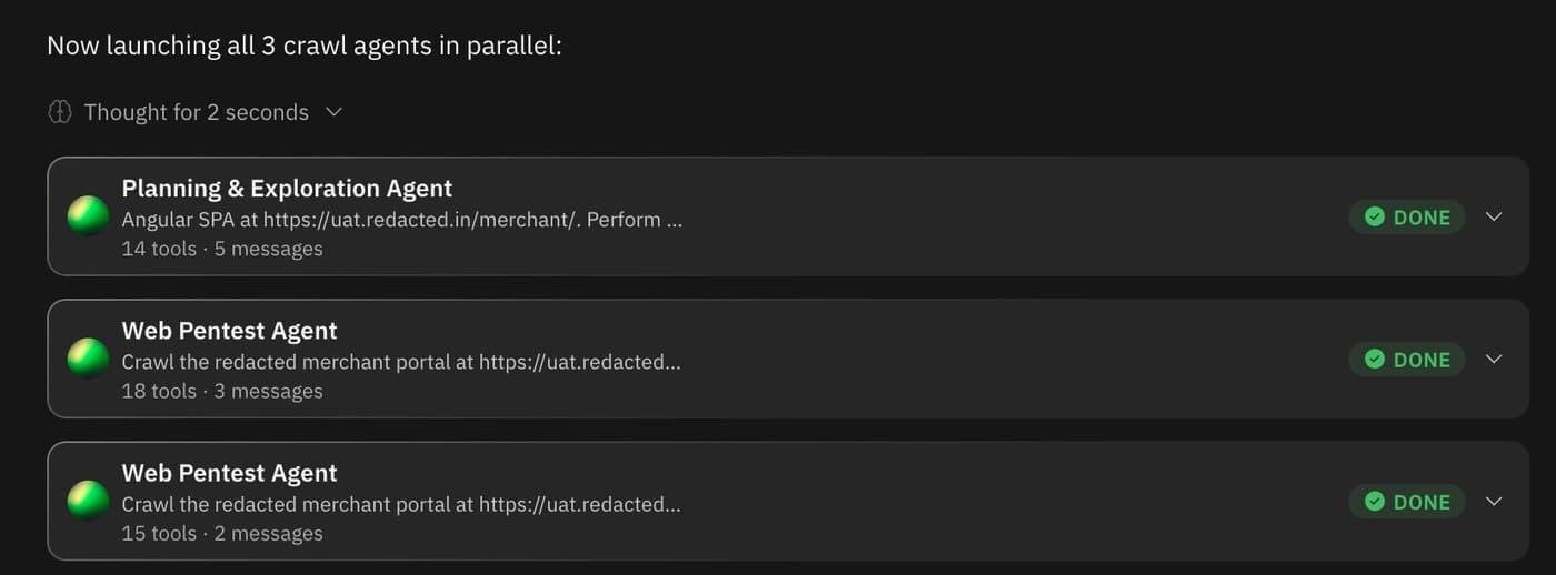 Strobes AI launching 3 crawl agents in parallel: Planning and Exploration Agent, and two Web Pentest Agents all marked DONE