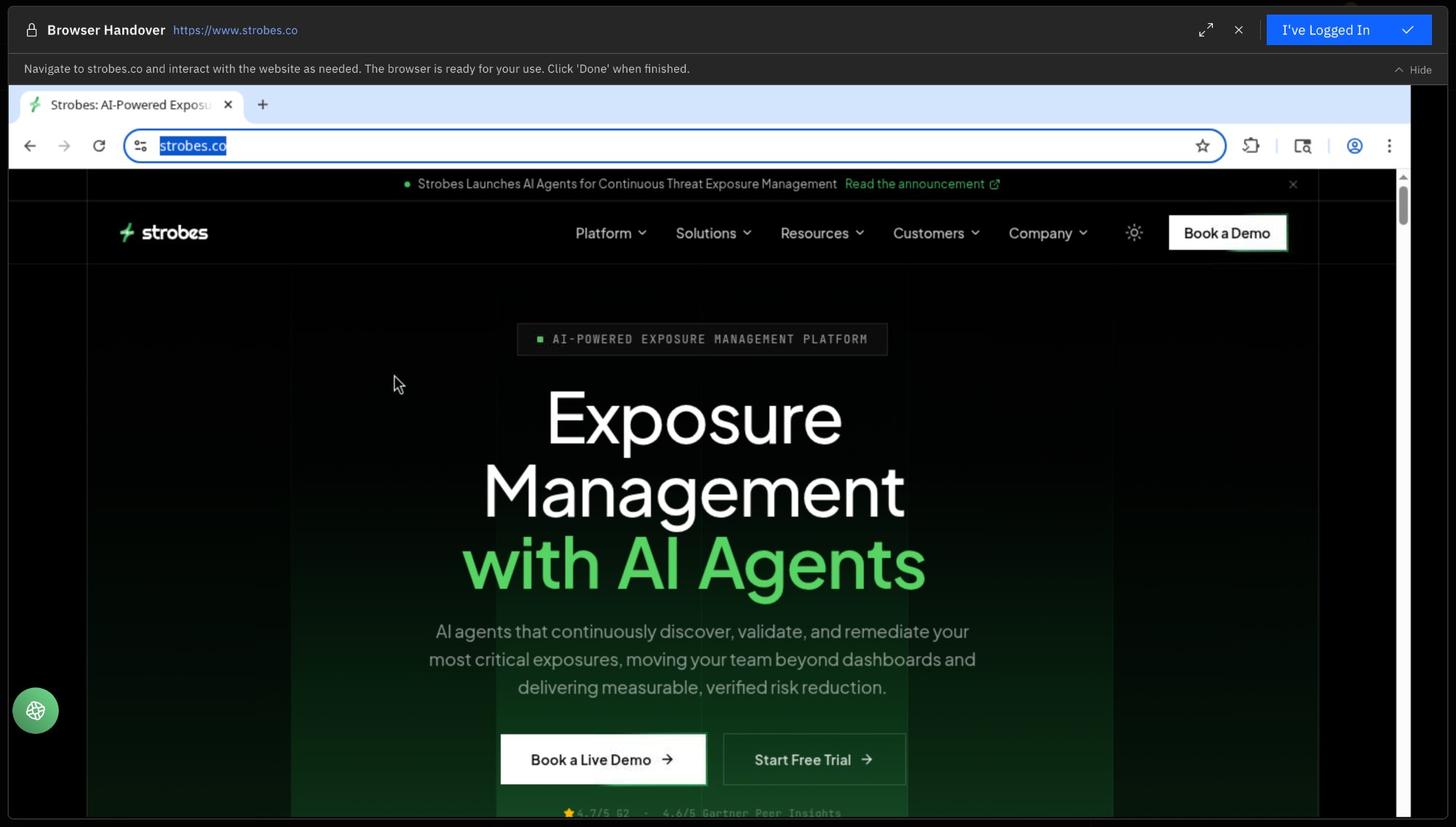 Strobes browser handover live session showing strobes.co Exposure Management with AI Agents website during a pen test crawl