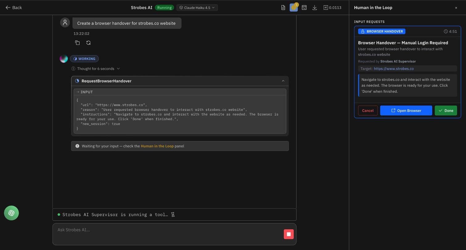 Strobes AI browser handover interface showing RequestBrowserHandover tool with Human in the Loop panel requesting manual login for strobes.co