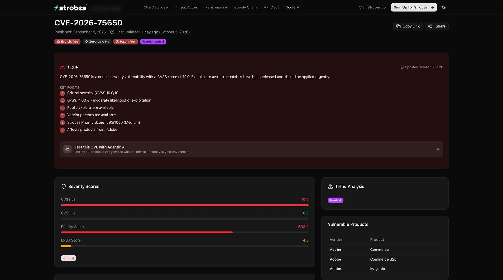 CVE-2026-75650 Adobe Commerce StyleSmuggler on Strobes Vulnerability Intelligence showing CVSS 10.0, exploit available, patch available and Strobes priority score 693