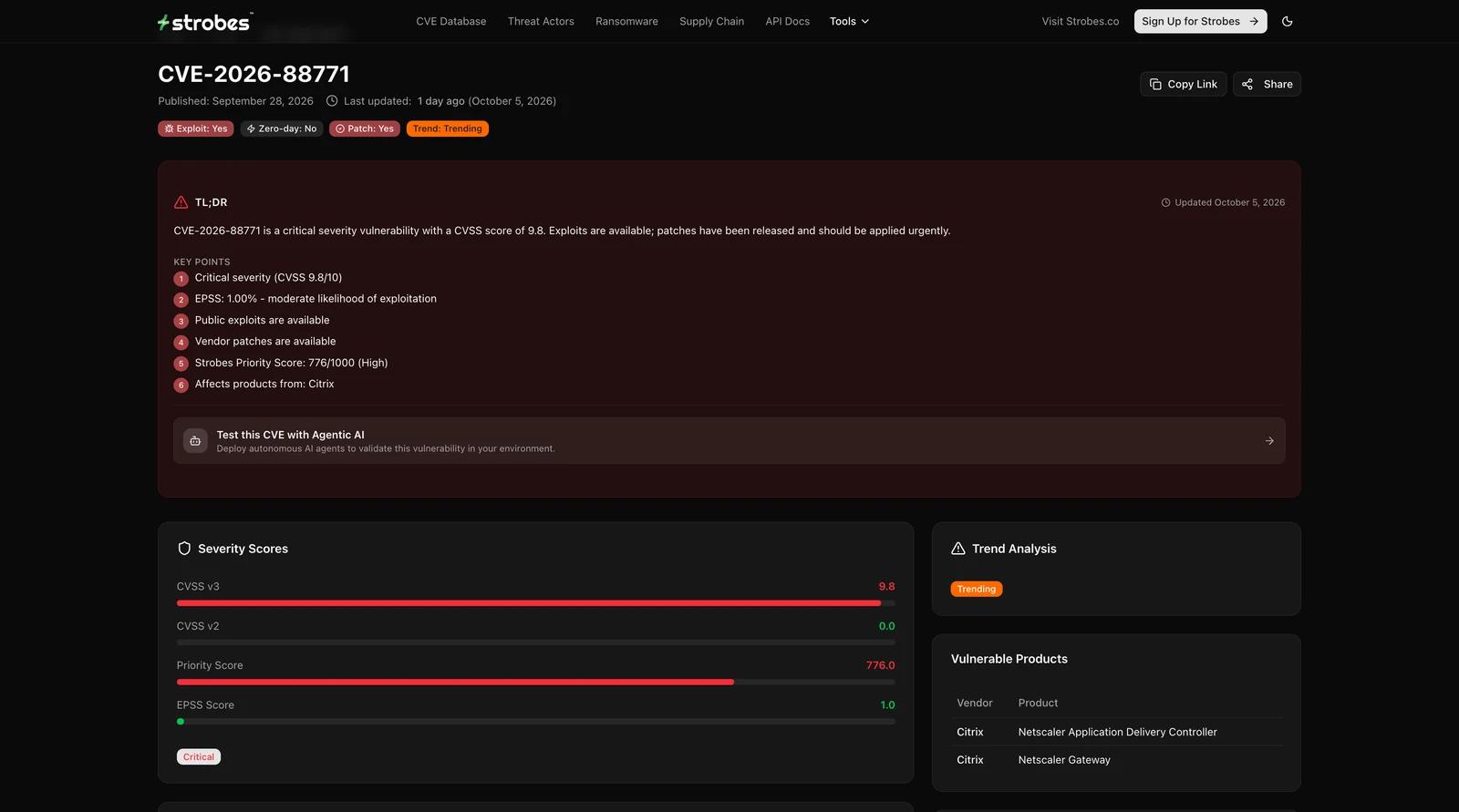CVE-2026-88771 Citrix NetScaler on Strobes Vulnerability Intelligence showing CVSS 9.8, exploit available, patch available and Strobes priority score 776