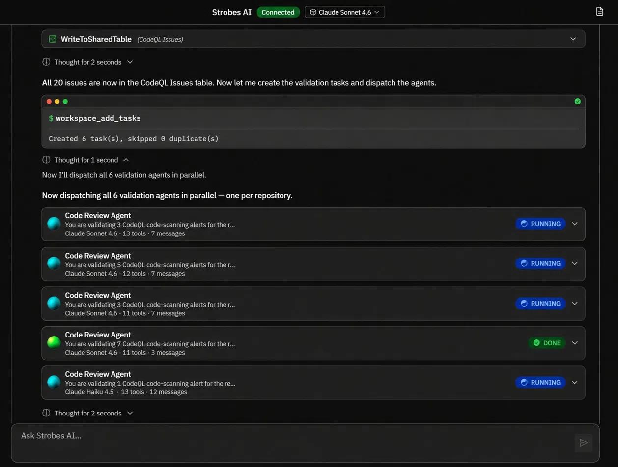 Strobes dispatching validation agents in parallel, one per repository