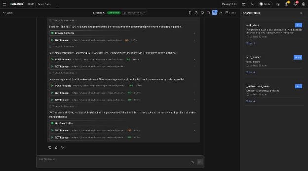 Strobes AI agent registering a test user, capturing a JWT, and confirming a 200 response on an admin endpoint during a broken access control test