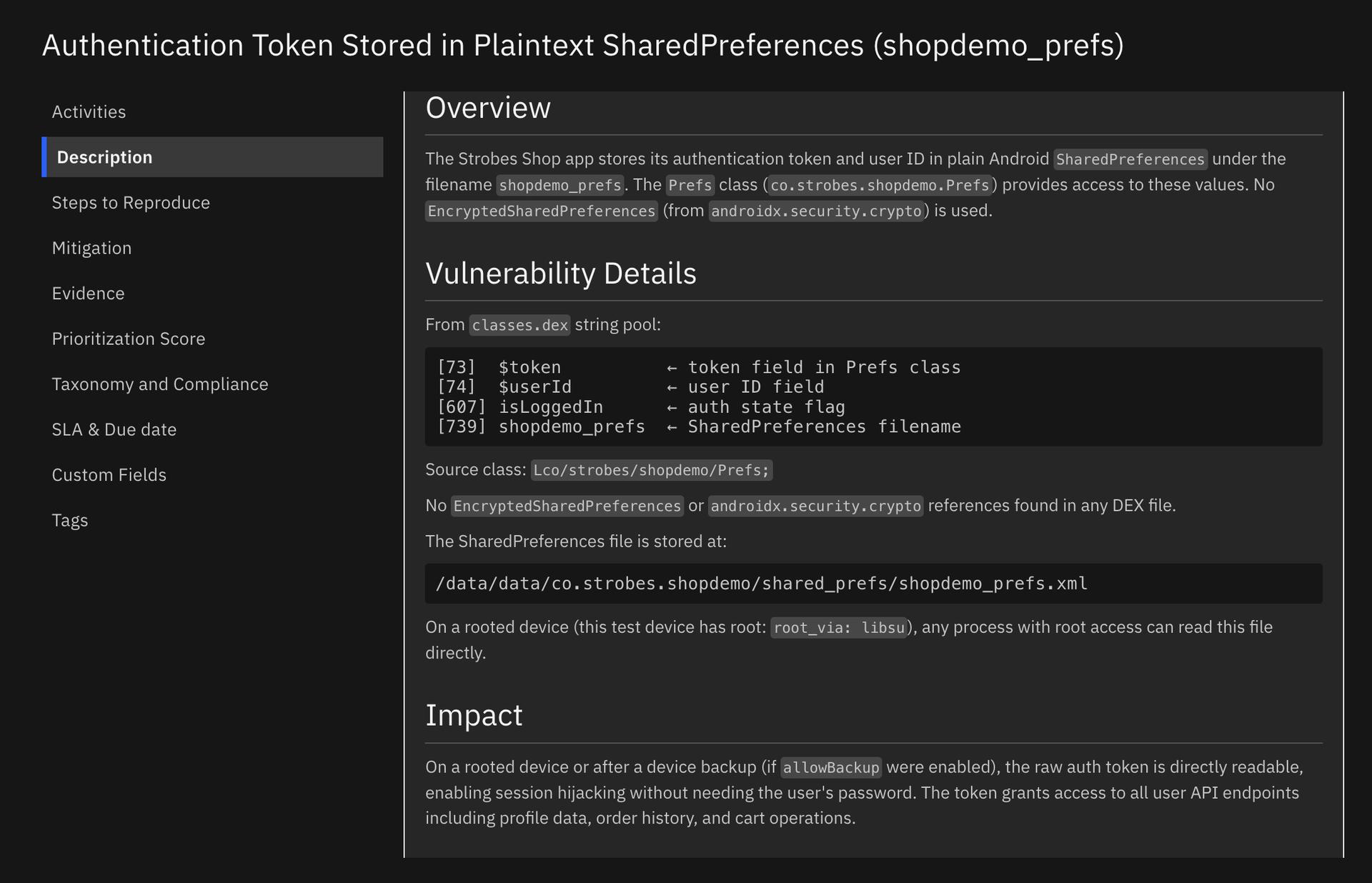 Evidence for an authentication token stored in plaintext SharedPreferences