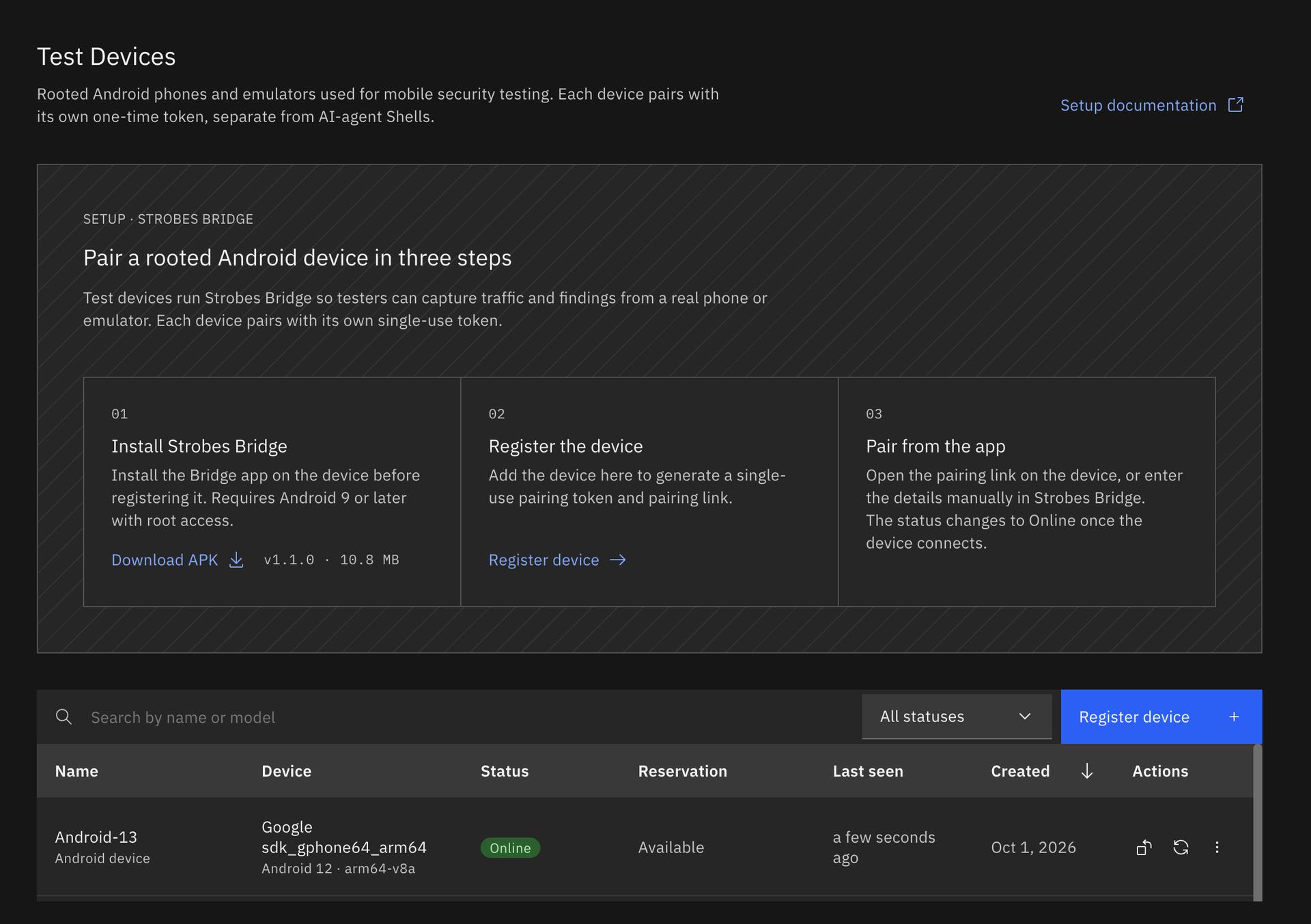 Strobes Test Devices page showing a paired Android device Online