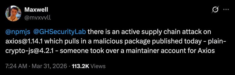 Initial disclosure of axios supply chain attack on X