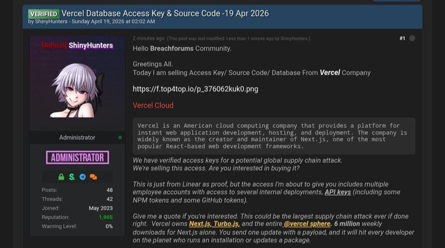 BreachForums post from ShinyHunters claiming access to Vercel internal systems, source code, and NPM tokens, posted April 19 2026